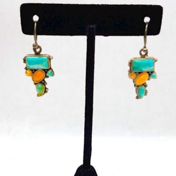 BARSE Sterling Silver 925 Turquoise Spiny Oyster Inlay Drop Dangle Earrings VTG - Picture 4 of 7